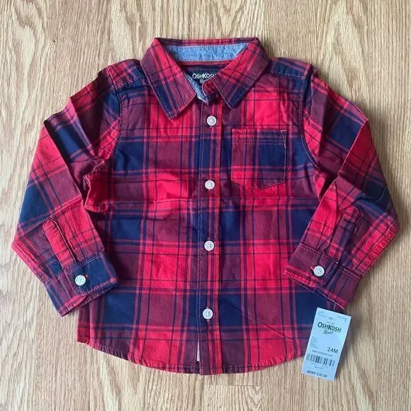 OshKosh B'gosh Plaid Button Up Shirt Red Navy 24 Months