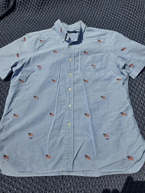 Ralph Lauren Oxford Shirt Men's Large Blue American Flag Embroidered Button Down