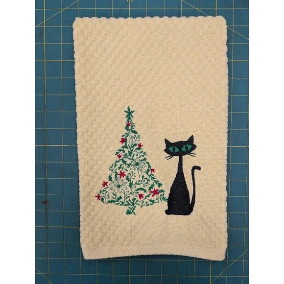 Christmas Tree Retro Mid Mod Cat Mid Century Modern Atomic Kitchen Hand Towel