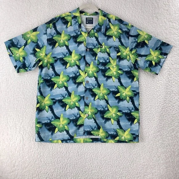 Quiksilver Blue Palm Tropical Print Button-Down Shirt‎ Mens Short Sleeve Size L