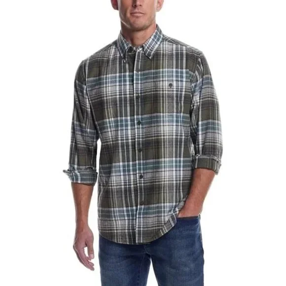 Weatherproof Vintage Men's M Green & White Plaid Button-Up Flannel Shirt N0250