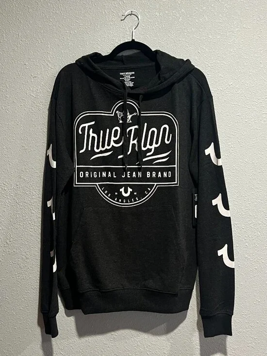 TRUE RELIGION Hooded Sweatshirt Pullover Lightweight Charcoal Gray NWT L
