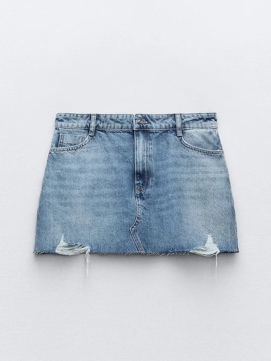 Zara Light Blue Distressed Denim Mini Skirt