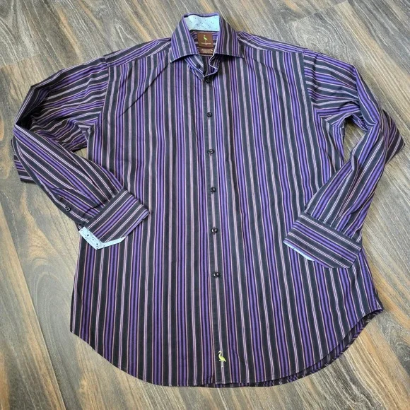 Tailorbyrd Mens Purple Black Striped 100% Cotton Long Sleeve Button Down Shirt L