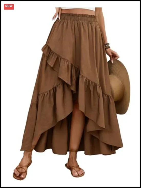 Women's Boho Wrap Maxi Skirt Ruffle High Low Asymmetrical