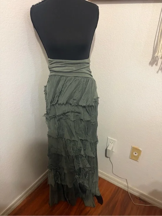 Vintage Made in Italy Silk Tiered Ruffle Maxi Skirt - Olive Green - Small