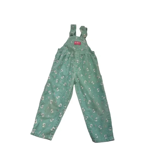 Vtg 90s OshKosh Toddler Girls 3T Corduroy Overalls Teal Cat Print USA FLAW
