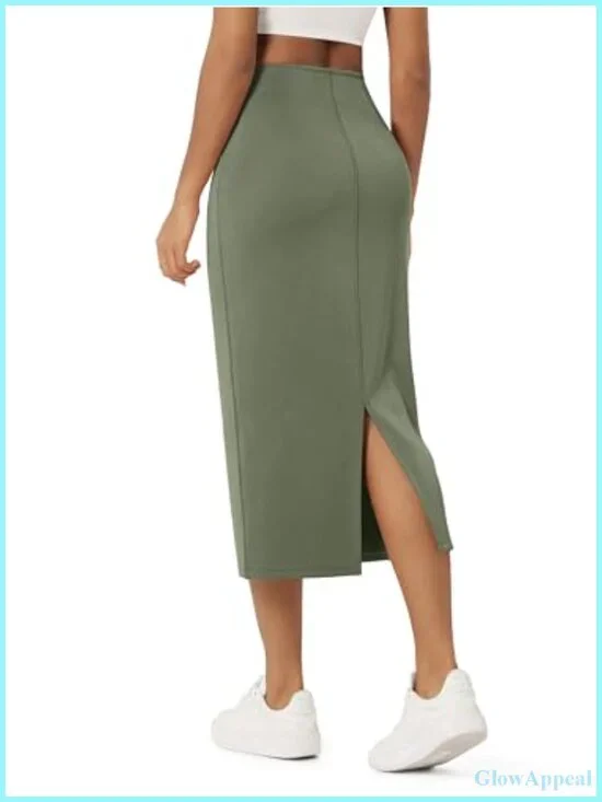 Women's High Waist Midi Pencil Skirt with Slit and Pockets