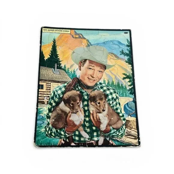 Roy Rogers Whitman 50s Picture Puzzle with Puppies - Green Plaid Cowboy