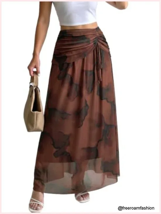 Boho Floral Print Maxi Skirt High Waist A-Line Chiffon Flowy