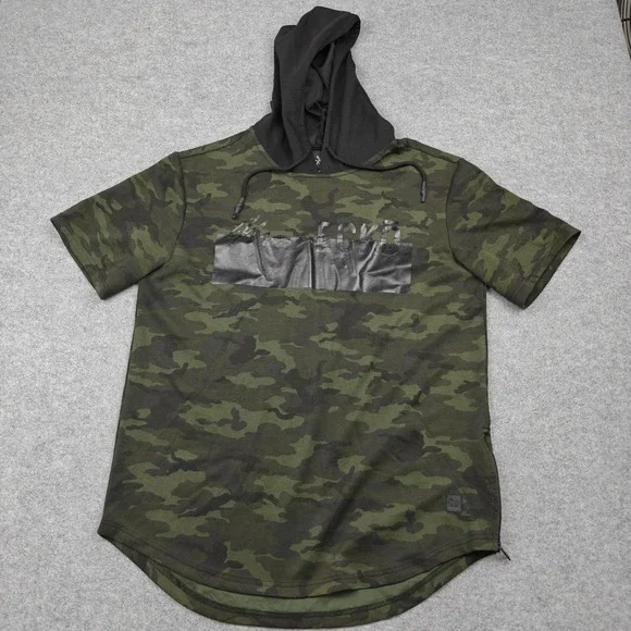 Marc Ecko Shirt Mens Large Green Camo Hooded Flag Graphic‎ Tee Zipper Cut & Sew