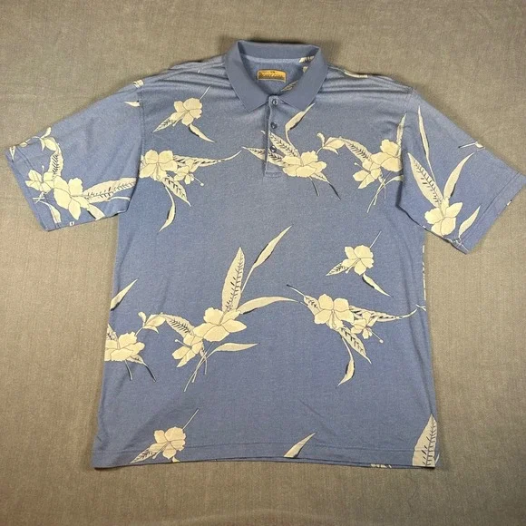 Bobby Chan Mens Blue Tropical Floral Polo Shirt Short Sleeve Casual XL