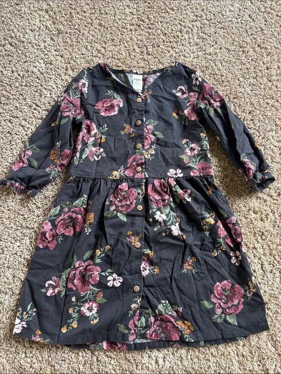 Oshkosh Floral Button-Front Dress - Dark Gray with Pink Flowers