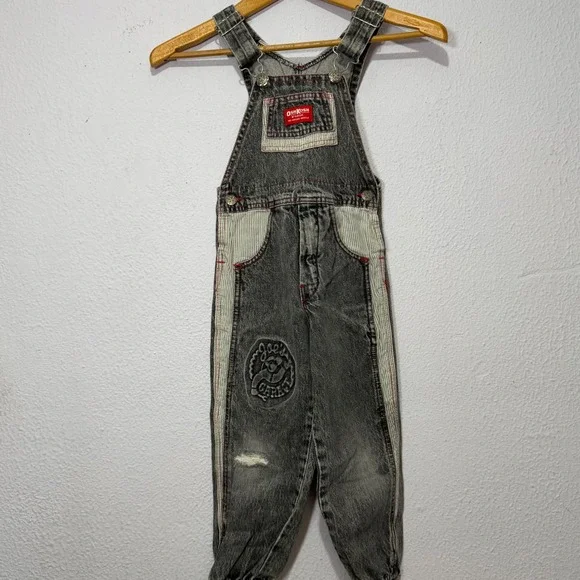 Vintage OshKosh Overalls Joe's Garage Gray Denim Kids Sz 5 Made USA Retro 90s