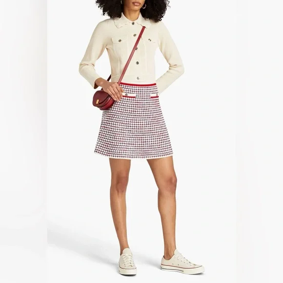 SANDRO Paris Red White Tweed Houndstooth Mini Skirt A-Line Boucle Preppy French