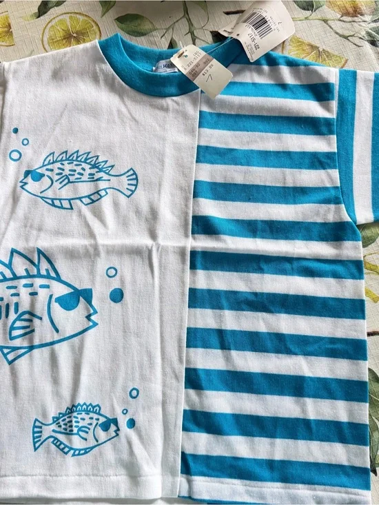 Oshkosh 1980s Turquoise & White Striped Kids Tee.