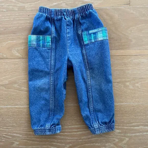 Vintage Oshkosh B’gosh Denim Jeans Bubble Snap Plaid Baby Toddler 18 mo