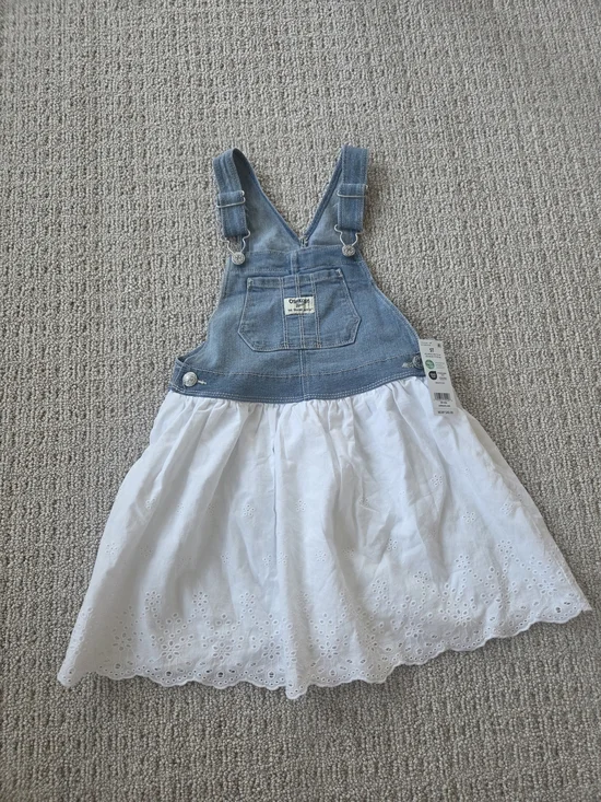 OshKosh B'gosh Blue Denim Overall Dress with White Eyelet Skirt