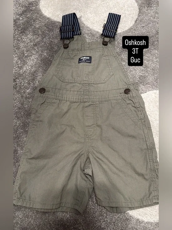 OshKosh B'gosh Olive Green Short Overalls with Navy Striped Straps