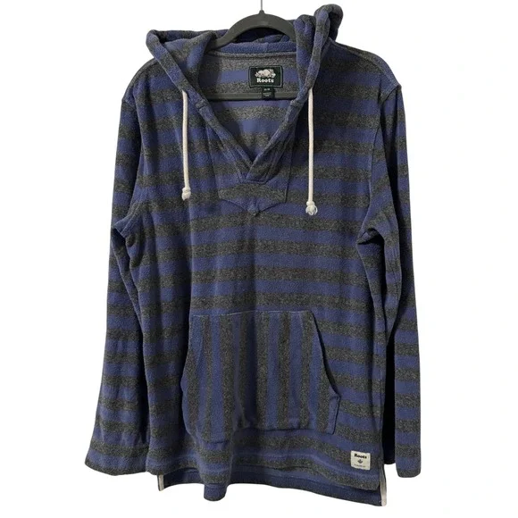 Roots Pullover Hoodie Mens M‎ Blue Grey Stripe Fleece Casual Outdoor