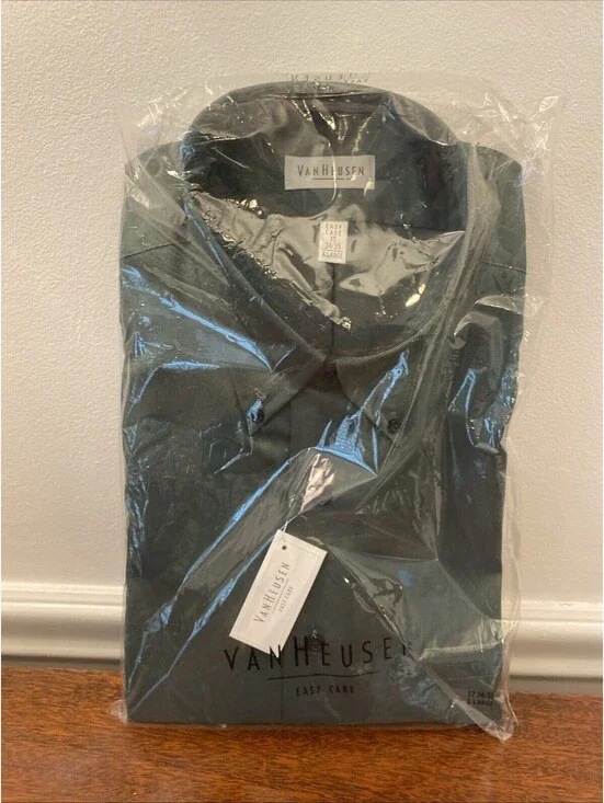 New Van Heusen Green Dress Work Shirt Easy Care Pique Size 17 34/35 Long Sleeve