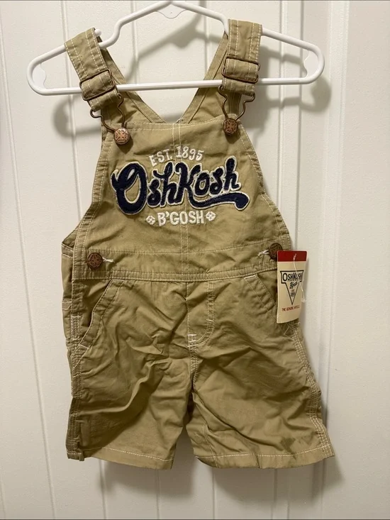 OshKosh B'gosh Y2K Tan Short Overalls with Navy  embroidered Logo size 12M-NWT