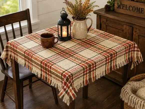 Vintage Cotton Plaid Small Table Covering Fringed Rustic Farmhouse Cabin 32 X 32