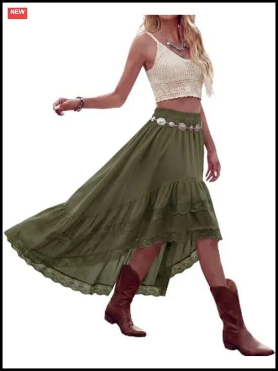 Women's High Low Lace Ruffle Boho Maxi Skirt, Elastic Waist Asymmetrical