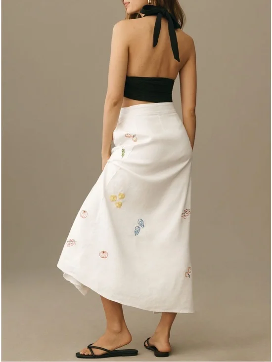 Maeve White Embroidered Summer Midi Skirt sz 10