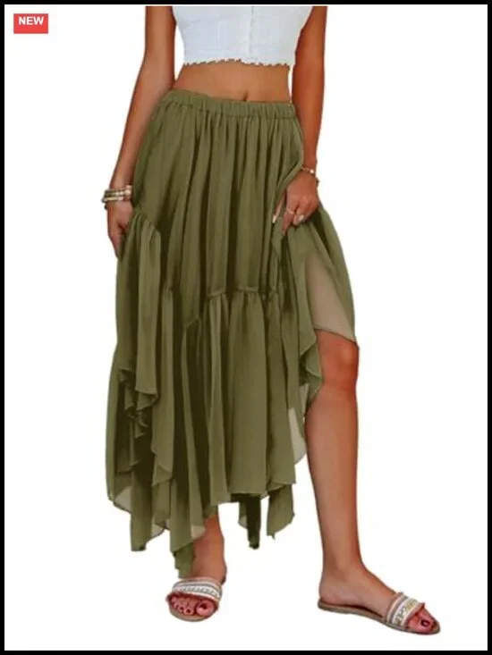 Women's Boho Maxi Skirt Asymmetric High-Low Flowy Ruffle Beach Party
