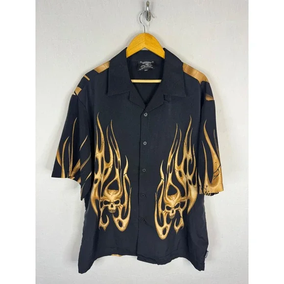 Rockhouse Roadhouse Mens XXL Skull Flame Graphic Button Down Shirt Black Gold