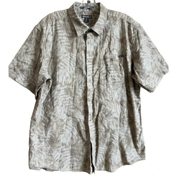 Eddie Bauer Short Slve Shirt Mens Large Beige Floral Relaxed Fit Casual Vacation