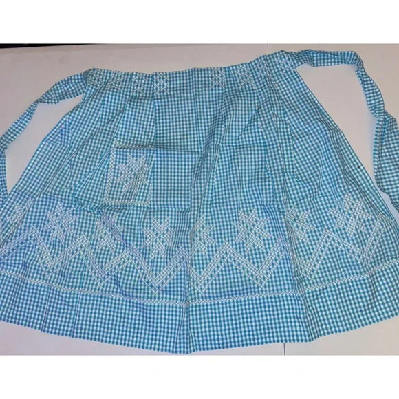 Gingham Half Apron Womens One Size Blue White Hand Embroidered Snowflake Retro