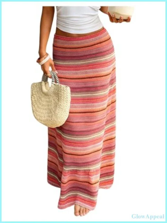 Striped Crochet Knit Maxi Skirt Low Rise Bodycon Boho Summer Beach Vacation
