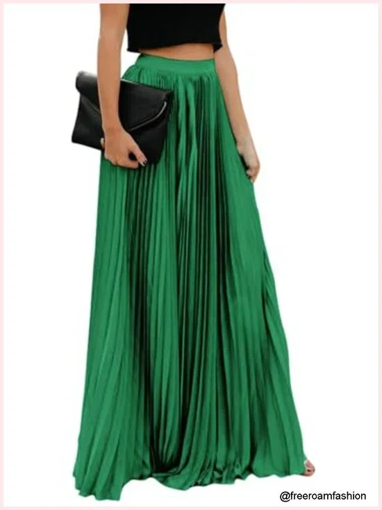 Women's High Waist Flowy Pleated Chiffon Maxi Skirt with Pockets