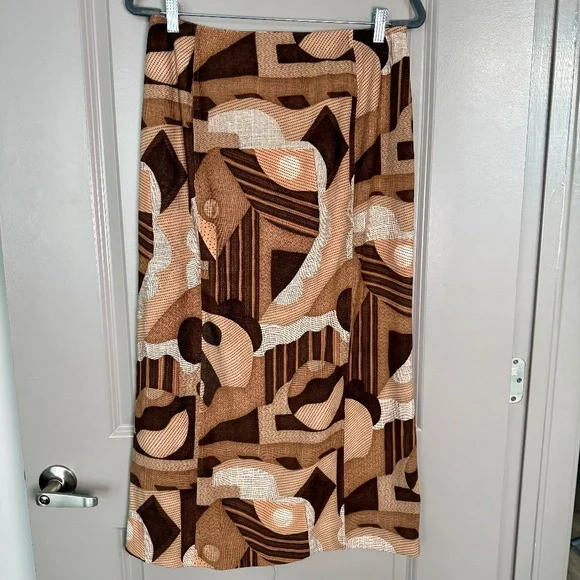 Vintage 70s Harvé Benard Geometric Midi Skirt Brown Cubist Print Size 10 | Retro