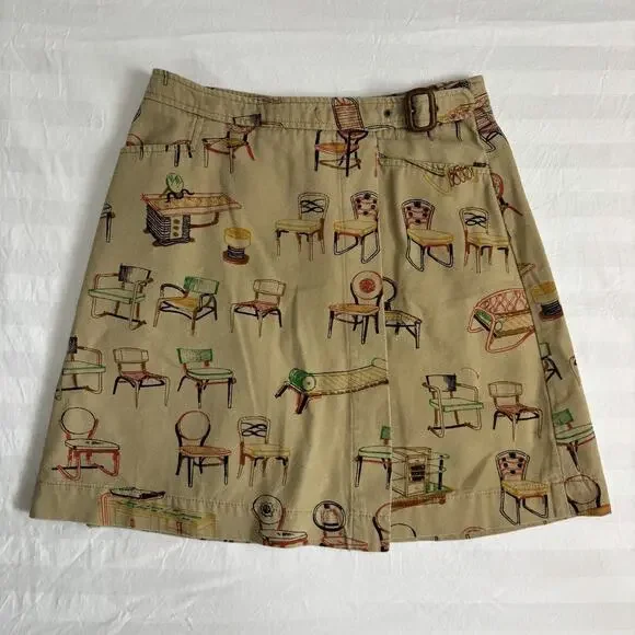 Anthropologie 9-H15 Stcl Wrap Skirt Size 4 Chair Print Cotton Novelty EUC