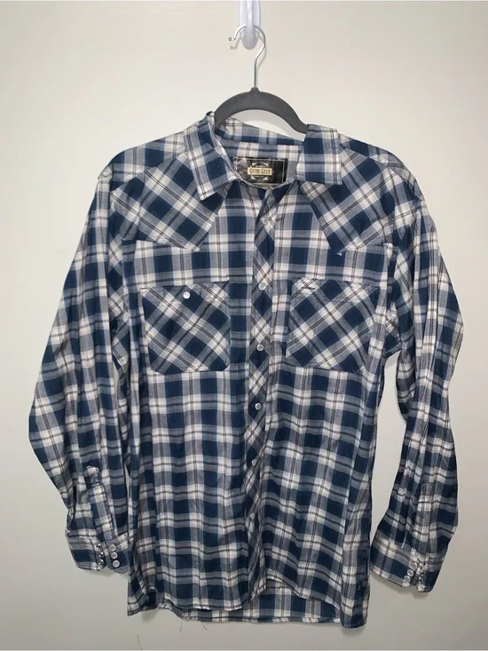 Guide Gear Navy & White Pearl Snap Plaid Button-Down Shirt Casual Western Style