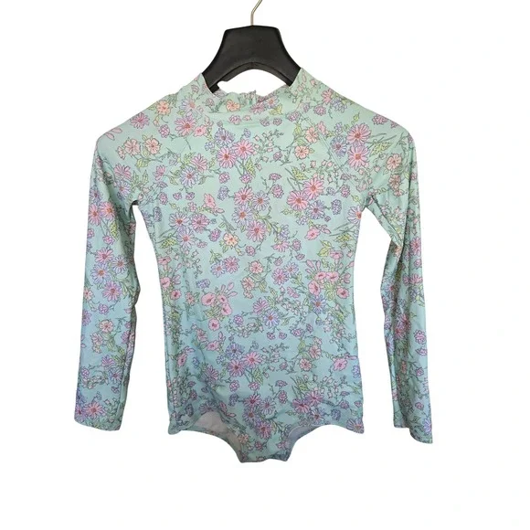 OshKosh Girls Mint Floral‎ Long Sleeve One Piece Rash Guard Swimsuit Size 12 12A