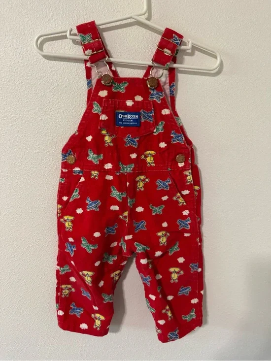 Vintage 80s OshKosh B’gosh Vestbak Airplane Red Corduroy Overalls USA-6/9 Month