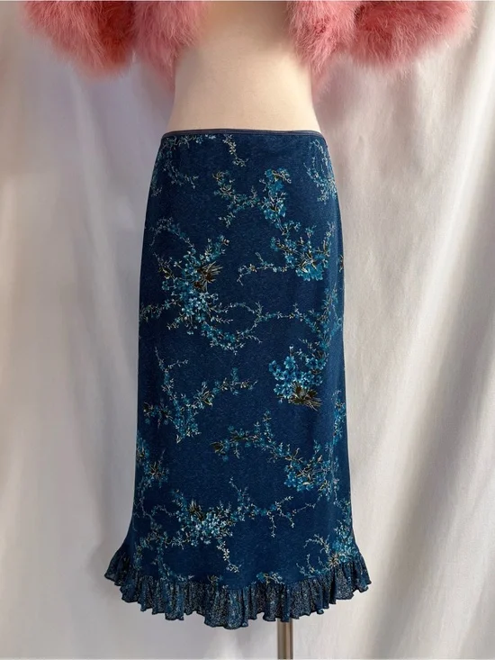 Vintage Y2K Blue Wildflower Midi Skirt