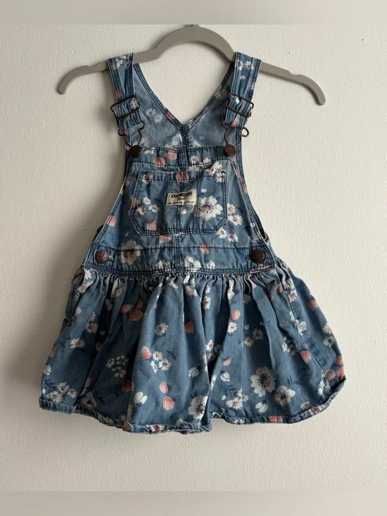 OshKosh B'gosh Girls Overall Dress One-Piece Denim Floral Blue 2T Sleeveless