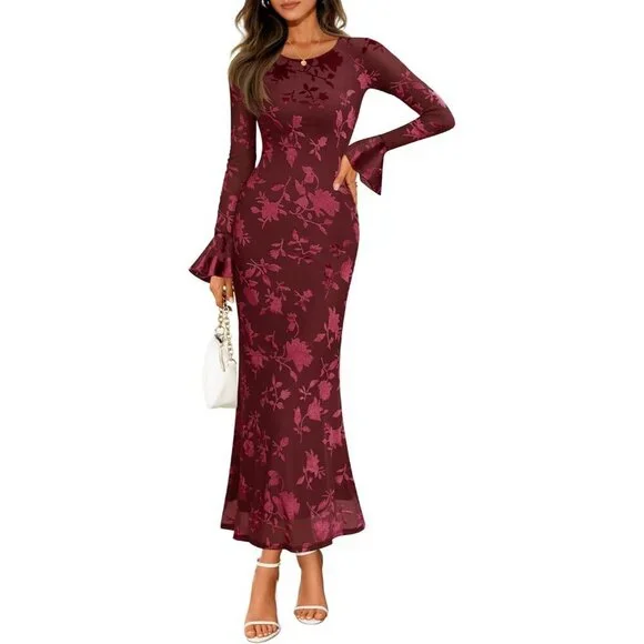 Women's Wine Long Sleeve Spring Fashion Bodycon Mesh Floral Maxi Dress