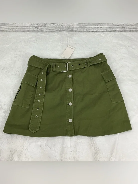 Tobi Olive Green Button-Front Cargo Mini Skirt with Belt