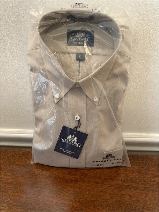 New Khaki Stafford Men's Size 17 35 Long Sleeve Dress Work Shirt Wrinkle Free