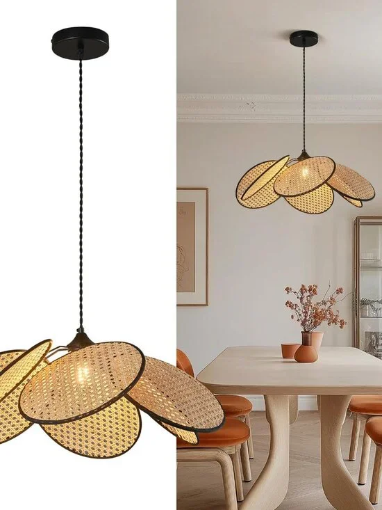 ADCTHOME 376-1 Boho Hemp Rope Rattan Pendant Light for Kitchen Bedroom