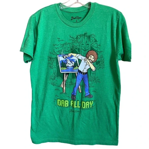 Vintage Bob Ross T Shirt Adult Small Green Dab All Day Graphic Artist Tee USA