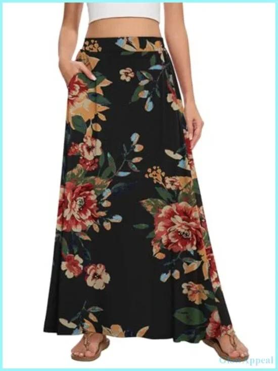 Flowy A-Line Maxi Skirt High Waist with Pockets Lightweight