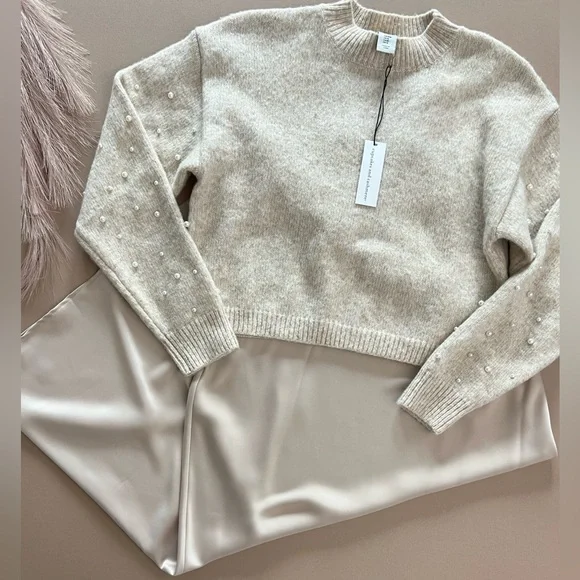 Cupcakes & Cashmere Pearl Sweater Satin Skirt Set Champagne Medium