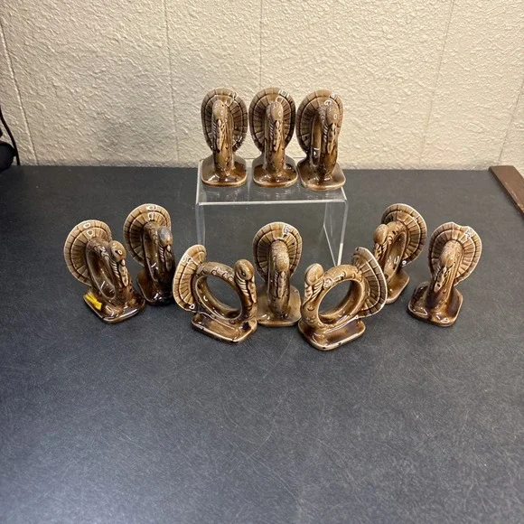 10~Vtg~Thanksgiving Turkey Napkin Ring Holders Ceramic Glazed Pottery